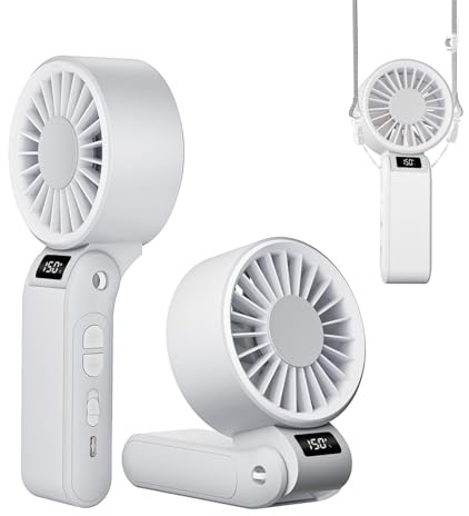 I-SHUNFA Handventilator Akku Aufladbar,Tragbar Mini USB Ventilator,Weiß | Einstellbare Geschwindigkeit(1-150),Faltbar Klein Tischventilator,Digitales Display,Büro,Reisen Geschenke für Frauen Männer