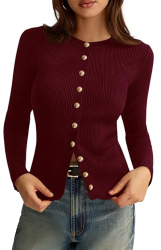 PRETTYGARDEN Womens 2026 Fall Cardigan Sweaters Lightweight Long Sleeve Button up Ribbed Knit Tops Winter Fashion Clothes (Burgundy,Large)