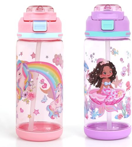 Decalsweet Kids Water Bottle With Straw, 2 Packs Unicorn+Mermaid Kid Bottle | Leakproof Kids Drinks For School Travel Hiking, Tritan Childrens Bottle Lightweight Sport Bottle For Girls,Unicorn+Mermaid