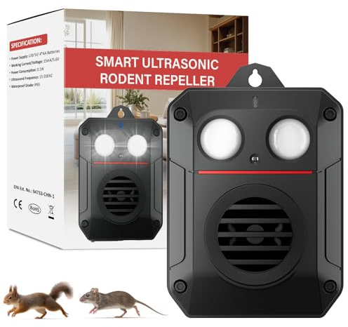 Ultrasonic Rodent Repellent with Strobe Light and Ultrasonic Wave, Effective Mouse Deterrent for Vehicle, Car, Basement, Attic, House and Garden, Keep Mice Away