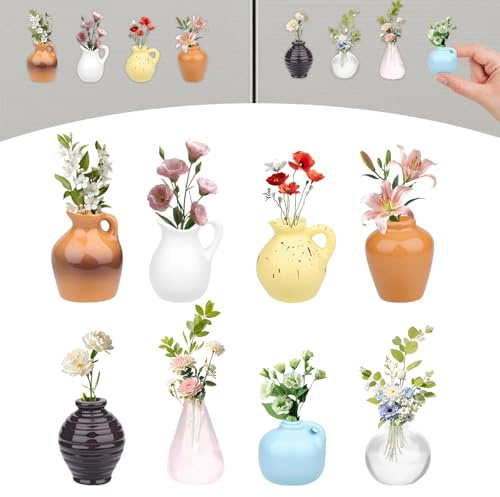 8PCS Mini Jarrón Imán, Mini Vase Magnets for Fridge, Vaso de plástico 3D para refrigerador, Floreros de Cerámica 3D, Divertidos Accesorios para Nevera, Decoración para Cocina y Oficina