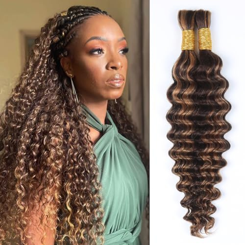 Cheveux humains ondulés profonds pour tresses bohèmes #430 - Cheveux humains en vrac pour tresses brésiliennes bouclées - Sans trame - Pour femme - 40 cm