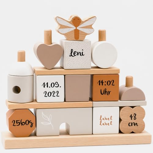 Mainely Personnalisable Maison empilable en Bois Torrone – Développement des capacités motrices – Dès 18 Mois – Personnalisable avec Le prénom et Les détails de Naissance – Label Label