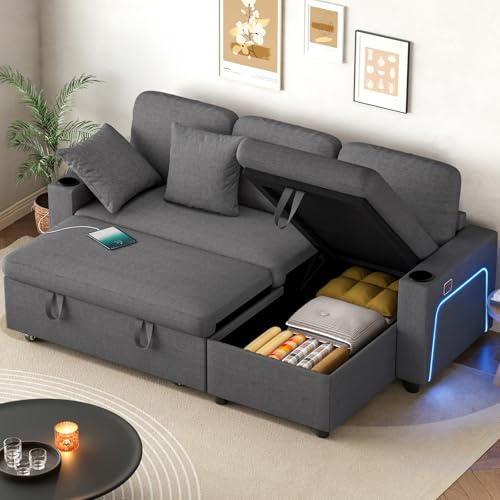 Corner Sofa Bed, L-Shaped Convertible Sleeper Sectional Sofa Bed with Led Lights, USB & Type-C Ports, Storage and Cup Holders, 3 Seater Linen Pull Out Couch Bed for Living Room, Bedroom, Grey