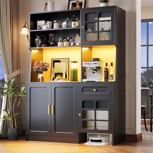 Armoire de Cuisine Haut Buffet avec Portes en Verre et Éclairage LED Intégré - Meuble de Rangement Élégant et Moderne, Noir, 130x45x180 cm