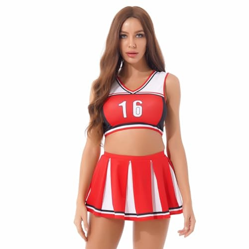 XIEHYA Cheerleader Kostüm Damen-Cheerleading-Anzug mit Farbblock, Rollenspiel-Show-Outfits, Damen-Crop-Top V-Ausschnitt, ärmellos, Buchstabendruck und Faltenrock(Red,XL)