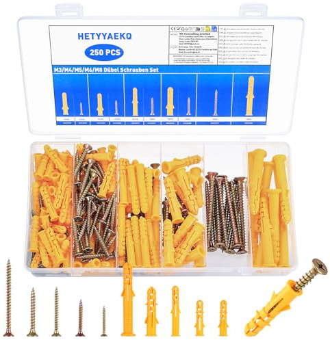 250 Stück Dübelset, Schrauben Dübel Set, Betonschrauben und Dübel Set mit Schrauben, Trockenbaudübel, Holzschrauben mit Dübelset Ankerbolzen für Ziegelsteinen Wand
