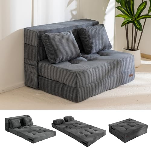 MAXYOYO Folding Foam Sofa Bed, Tri-Fold Mattress with 2 Pillows, Convertible Sofa Chair Futon Z Bed with 15cm Thincken Foam, Portable 3 in 1 Floor Couch