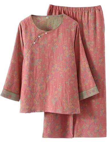Generisch Kimono de muselina para mujer, conjunto de pijama con estampado floral, ropa tradicional japonesa, blusa de manga larga con botones y pantalones japoneses, pijama largo de dos piezas, yukata