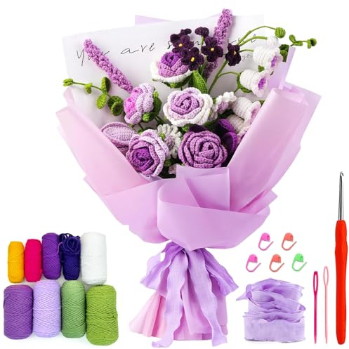 BoloShine Häkelset Blumen, Rose Blumenstrauß Häkelset für Anfänger Erwachsene, Häkelblumen Set mit Tutorial-Video und Anleitung, Crochet Flower für Geburtstag, Jahrestag, Geschenk, Heimdekoration