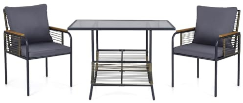 GIANTEX 3 teiliges Gartenset aus PE-Rattan, Bistroset mit 2 Stühlen & 1 Tisch, Gartemöbel Set mit Kissen, Sitzgruppe für 2 Personen, Outdoor Lounge für Hof, Terrasse & Pool (Grau)