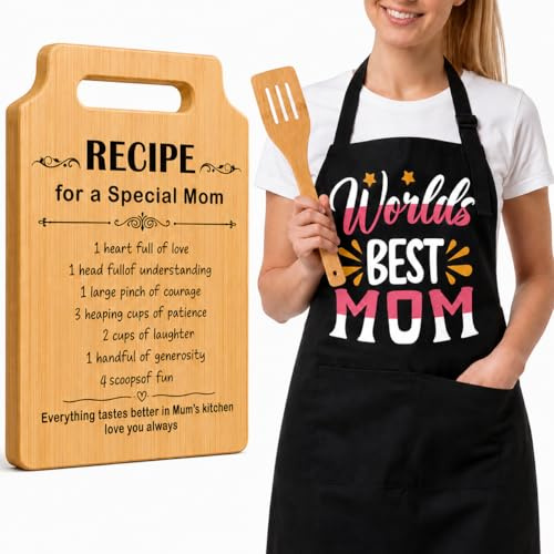 Bafeil Baking Gifts for Mum, Engraved Bamboo Chopping Board Set | with Baking Apron & Wooden Spatula, Birthday or Christmas Kitchen Present from Daughter or Son