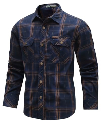 CoXuantion Chemise a Carreaux Homme Manches Longues Décontracté Bouton Chemise Col Rever Slim Fit Shirt et Poche Poitrine pour Usage Quotidien L,Bleu