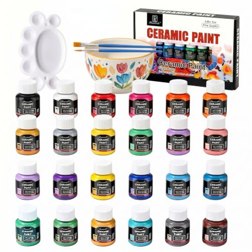 Umllpet 24x 25ml Glas und Porzellanfarbe, Spülmaschinenfest & Wasserdicht, Keramik Bemalen Set mit 2 Pinseln, löschbar vor Backen, ideal für Tassen, Weingläser & Fenster