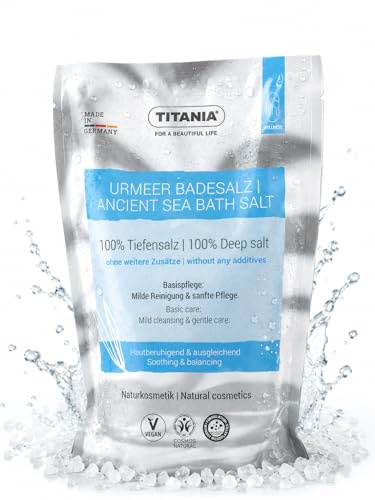 TITANIA Urmeer badsalt 450 g – 100 % djupsalt utan tillsatser – naturligt badtillsats för avslappnande helbad – vegan, COSMOS NATURAL, mikroplastfritt formel