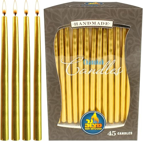 Ner Mitzvah Chanukka Kerzen Standardgröße - Tropffreie Menora Kerzen in Metallic Gold - Paraffinwachs In Premium-qualitä - 45 Kerzen pro Karton