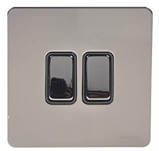 Schneider Electric Plaque plate sans vis ultime – Interrupteur double à bascule 2 voies, unipolaire, 16AX, GU1422BBN, nickel noir avec insert noir