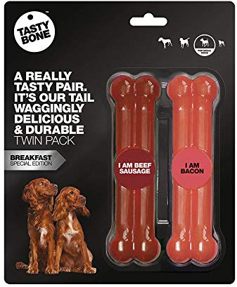 Rosewood 57193 Doppelpack TastyBone Hundespielzeug aus Nylon, Sonderedition mit Rindswurst - und Speck - Geschmack (englisches Frühstück), 15cm