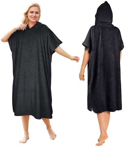 Kato Tirrinia poncho med huva handduk ombytesrock vuxna, surfa vindtät strandrock badhandduk för utomhusbruk, supervattenabsorberande kompakt och lätt, en storlek passar män kvinnor svart