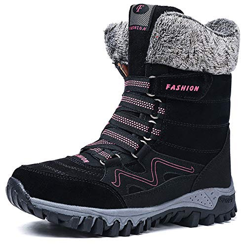 Asifn Damen Schneestiefel Winter Pelz gefüttert warme Stiefeletten Schnürschuhe Anti-Rutsch-Schuhe für Outdoor Walking Wandern Trekking（38 EU,Schwarz