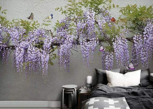 Carta da parati 3D Wall Glicine Farfalla Fiore Cemento Adesivi murali 3D moderno carta da parati fotomurali murale Soggiorno camera da letto-250cm×170cm
