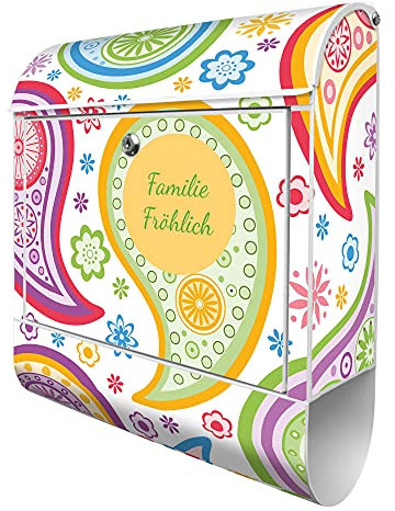 banjado® Design Briefkasten personalisiert mit Paisley bunt 38,5x46,5x13cm & 2 Schlüssel - Briefkasten Stahl weiß mit Zeitungsfach pulverbeschichtet - Postkasten A4 Einwurf inkl. Montagematerial