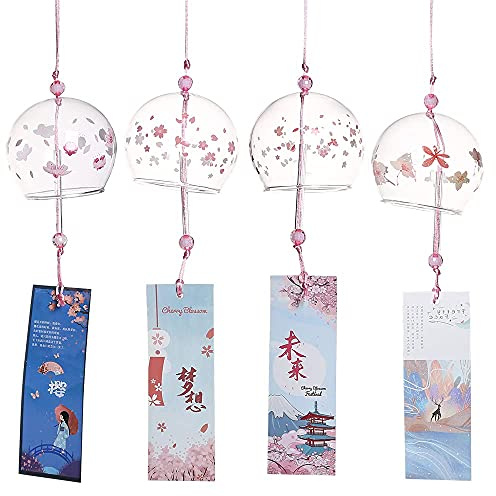 Falytemow Lot de 4 carillons éoliens japonais romantiques en forme de fleur faits à la main en verre style japonais pour cadeau d'anniversaire, décoration d'intérieur ou d'extérieur