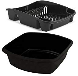 Galleries Plastic Small Washing up Bowl and Small Dish Drainer Rack Kitchen Plate Holder Set of 2 (Black)