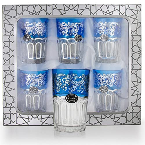 Saharashop 6 Premium Orientalische Marokkanische Teegläser Silber Blau, 6er Set Glastassen Caygläser, Ataygläser, Glasbecher, Gläserset, Trinkgläser geeignet für Heiß- oder Kaltgetränke
