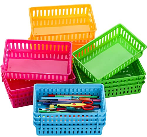 DEAYOU 16 Pack Classroom Storage Baskets Bins, Small Plastic Organizer Basket, Colorful Storage Trays, Crayon Pencil Containers for Paper, Desk, Shelf, Home School Office, 10.2 L x 6.5 W x 2.4 H