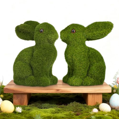 Easter Flocked Moss Bunny Figurines, 2Pcs Green Moss Plush Rabbit Decor Artificial Grass Bunny Sculpture Lawn Faux Topiary Rabbit Stuate Small Sitting Garden Figure for Home Party Favors Decoration