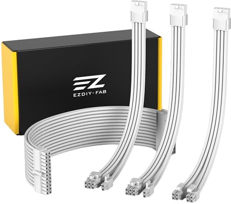 EZDIY-FAB Netzteil-Kabelverlängerung,18AWG,ATX/EPS/PCIe,30cm-Alle Weiß | PET-ummantelte Kabel,Inklusive Kabelkämme,4-Kabel-Verlängerung,Flexible Kabelverlegung,Kabelmanagement,Individuelle PC-Builds