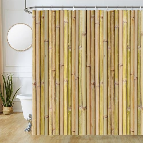 Uiiooazy Duschvorhang Bambus Gelb 200x180cm Anti Schimmel Rustikal Pflanzen | Duschvorhang Bambus Optik Vintage Wasserdicht Waschbar Stoff Polyester Bad Vorhang mit 14 Haken für Badezimmer Badewanne