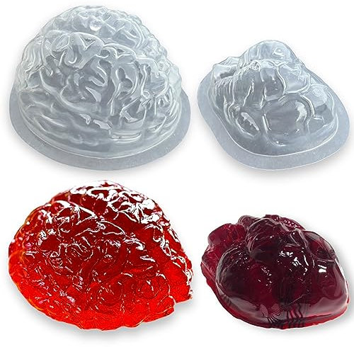 MIJOMA Lot de 2 moules à pudding effrayants en plastique de qualité alimentaire, fête d'Halloween, dessert, gelée, décoration d'Halloween, attire tous les regards (cerveau et cœur)
