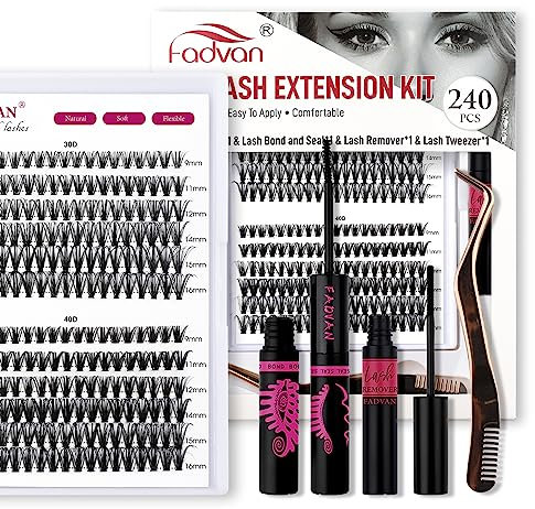 FADVAN Kit Cils Individuel Extension Cils Volume Cluster 280Pcs 30D+40D Mix 9-16mm Cils DIY, Brucelles Enlever les Lash Bond& Seal