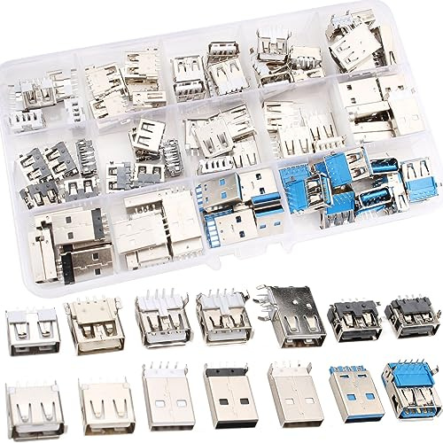 RUNCCI-YUN 95 PCS Conector USB 2.0/3.0 Tipo,USB 2.0/3.0 Conector De Soldadura,USB Macho Hembra Conector, Conector USB 2.0/3.0 Tipo A Surtido Kit PCB Montaje DIY Soldadura Piezas de reparación