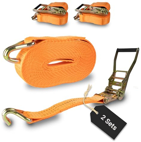 Rapid Spanngurte mit Ratsche 2 Stück - 50mm x 6m zweiteilig/bis zu 5000kg belastbarer reißfester Zurrgurt/schnelle und sichere Zurrgurte mit Ratsche orange/Zurrschlaufen für 5000 daN (5t)
