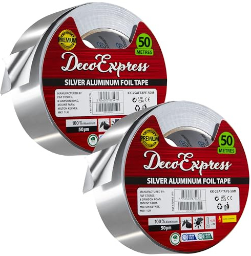 DECO EXPRESS Aluminium Klebeband, Metall Duct Tape zum Reparieren, Selbstklebende Alufolie Dichtband 45 mm x 10/25/50 m Wasserdicht Hitzebeständig (Silber 50M, 2 Rolle)