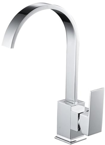 Kitchen Sink Mixer Taps Solid Brass Chrome Finish Modern Square Flat Spout 360 Degree Swivel Waterfall Effect Monobloc Faucet for Single Lever with UK Standard Fittings