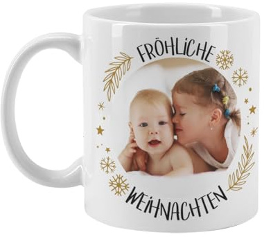 Herz & Heim® Fototasse zu Weihnachten mit eigenen Bildern (Fröhliche Weihnachten)