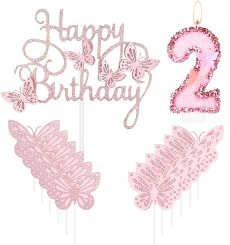 Geburtstagskerze Happy 2nd Butterfly, rosa Nummer 2, Kerze mit Glitzer, Schmetterlingskuchen, Cupcake-Topper für Mädchen, erster Geburtstag, Dekorationen, Mädchen, rosa Schmetterlings-Thema für 2.