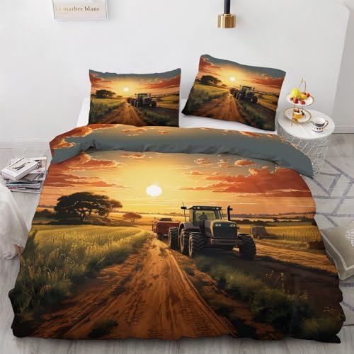 YELDAN Traktor Bettwäsche 155x220 Winter, Bauernhof Kinder Bettbezug 155x220 3er Set, Wendebettwäsche und Kissenbezug, Weiche & Atmungsaktive Mikrofaser Bettwäsche-Sets