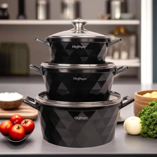ClaShop Tris casseruole diamantate in pietra lavica e induzione misura 20/24/28 colore nero