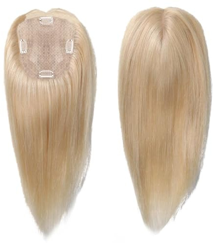 Extension per capelli umani, con riga centrale da 30,5 cm, colore biondo 613 #, con base in seta invisibile, con clip e attaccatura dei capelli (10 x 12 cm)