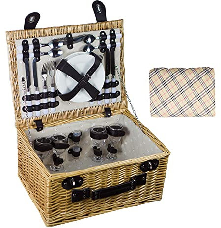 HAVVMK Picknickkorb aus Weide für 4 Personen, Picknickkorb aus Korbgeflecht mit isolierter Kühltasche und wasserdichter Picknickdecke und Besteckset, einfacher Tragegriff für Camping-Hoch