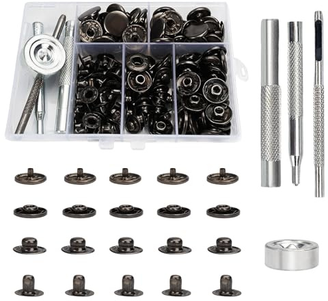 40 Sets Druckknopf Set, Kupfer Druckknöpfe Metall Schwarz Kleidung Snaps Taste mit Fixierwerkzeug Kit, 15 mm Leder Druckknöpfe Set, für Leder Handwerk Jacke Brieftasche Handtasche