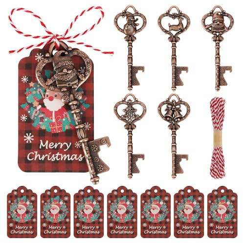 50 abrebotellas de llave de Navidad a granel, regalos de fiesta de Navidad, árbol de Papá Noel, muñeco de nieve, campana, ciervo, abrebotellas de cerveza con tarjetas y cuerdas, para adornos temáticos