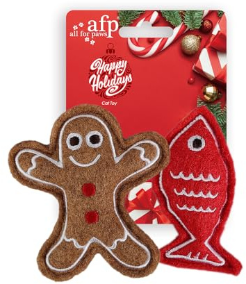 ALL FOR PAWS Katzenminze Spielzeug für Katzen, Katze Weihnachten Spielzeug Süßigkeiten Cane Katzenminze Katze Spielzeug Interaktives Katze Plüsch Spielzeug (Xmas Fish Gingerbread Man)