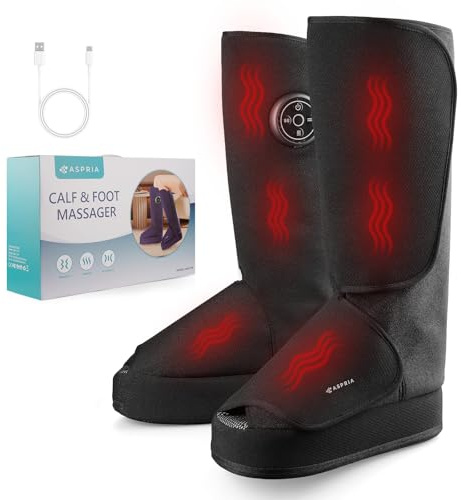 Aspria Fußmassagegerät, 2-in-1-Waden-Fuß-Massagegerät mit Luftkompression, Vibration und Wärmetherapie, Bein-Fuß-Massage-Stiefel für geschwollene Beine, Ödeme, kabelloses Design (Schwarz)