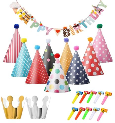 QSZHSL 22 Pezzi Cappellini Festa Compleanno, Partito Trombette Fischietto Decor Festa, Striscioni di Buon Compleanno, Cappellino in Carta con Corona, per Bambini e Adulti